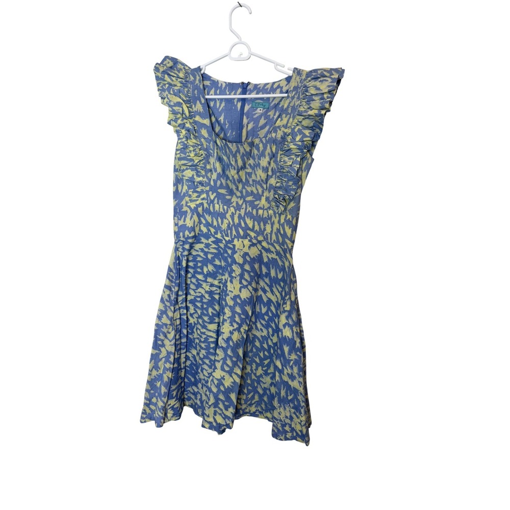 SIKA Dress Womens 4 Blue Yellow Geometric Ruffle Fit & Flare Mini Cotton Pockets